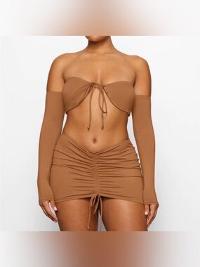 Skims Swim NWT Ruched Drawstring Mini Skirt Cover up  Almond Brown Size XXS